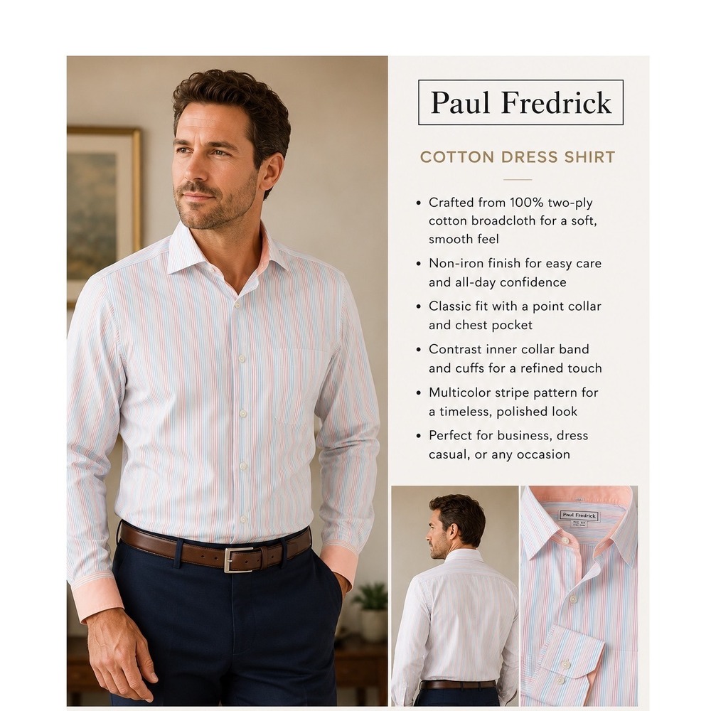 Paul Fredrick Dress Shirt Mens 18-34 Multicolor Stripe Excellent Trim Fit Cotton